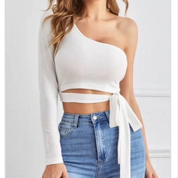 Timing One ShoulderLong Sleeved Side Tie Pink Print Crop Top. Size L. P325/A2397 - Picture 9 of 10